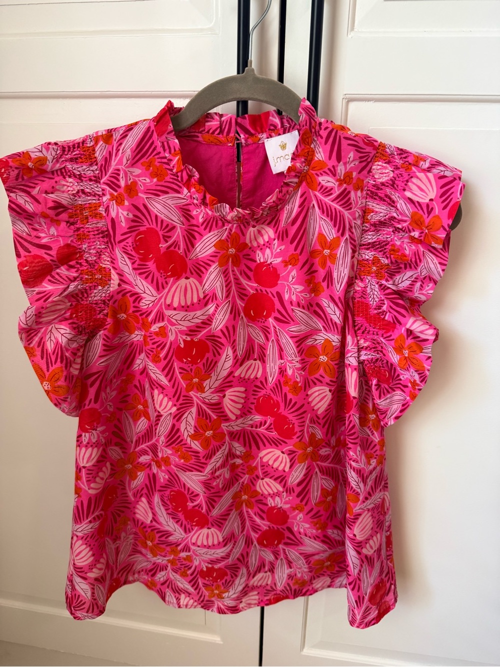 Bright Pink Floral Ruffle Sleeve Blouse
